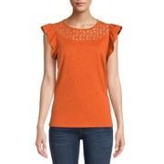 Time and Tru Women's Crochet Top with Flutter Sleeves