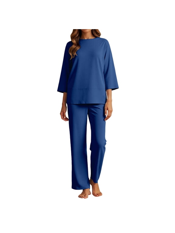 Womens Suits 2 Piece Set Business Women's Casual Trousers Suit Set Comfortable Round Neck Long Pants Outfit For Daily Wear Spring Woman's Suit Slim Fit Suits for Women Celebration Jumpsuit St Blue XXL