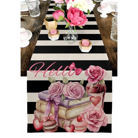 White Black Striped Table Runner, Vintage Pink Rose Love Book Cake Washable Cotton-linen Table Runners Dining Kitchen Decoration for Everyday Home Wedding Party Decor, 13 x 120 Inch