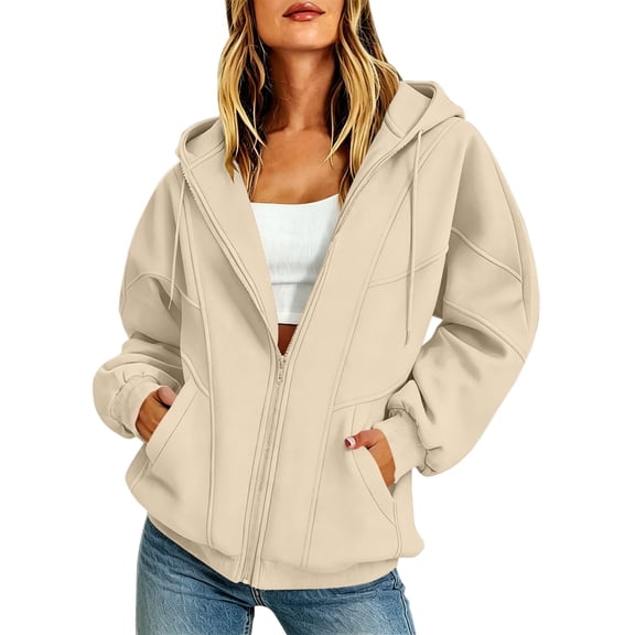 Ghalytn Women Drawstring Full Zip Hooded Jacket Seam Stitch Raglan Long Sleeve Side Pocket Loose Casual Sweatshirt