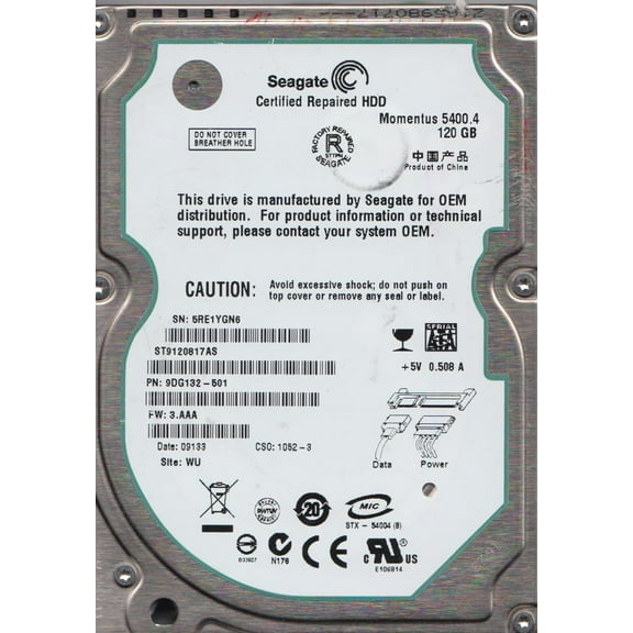 ST9120817AS, 5RE, WU, PN 9DG132-501, FW 3.AAA, Seagate 120GB SATA 2.5 Hard Drive