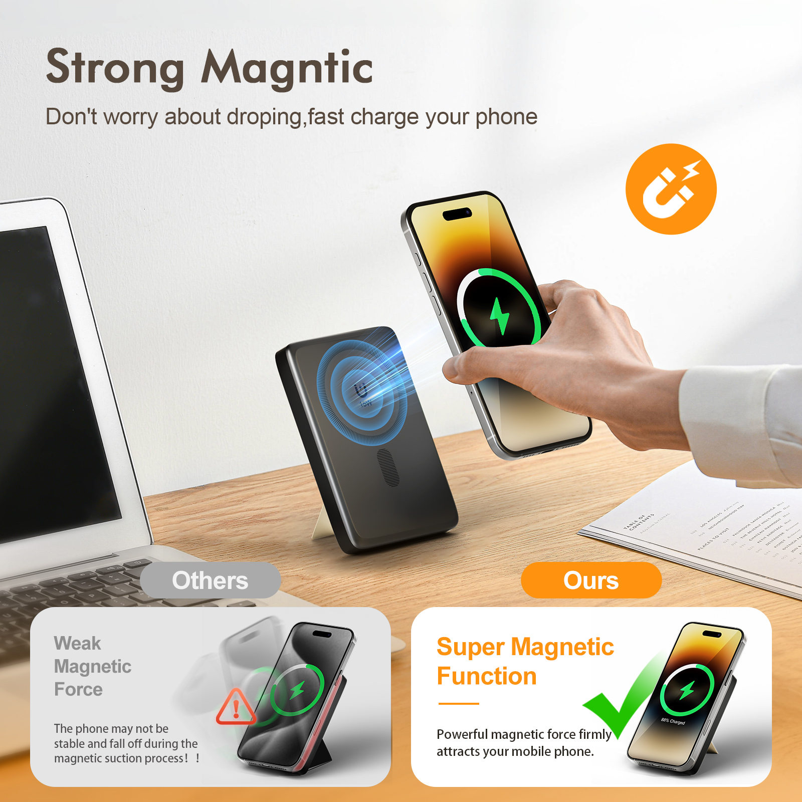 Portable Charger,10000mAh Wireless Power Bank with 22.5W Fast Charging Built-in USB-C Cable and Adjustable Stand, LED Display Battery Pack Compatible with iPhone 17 16 15 14 13 12 Andriod, Black