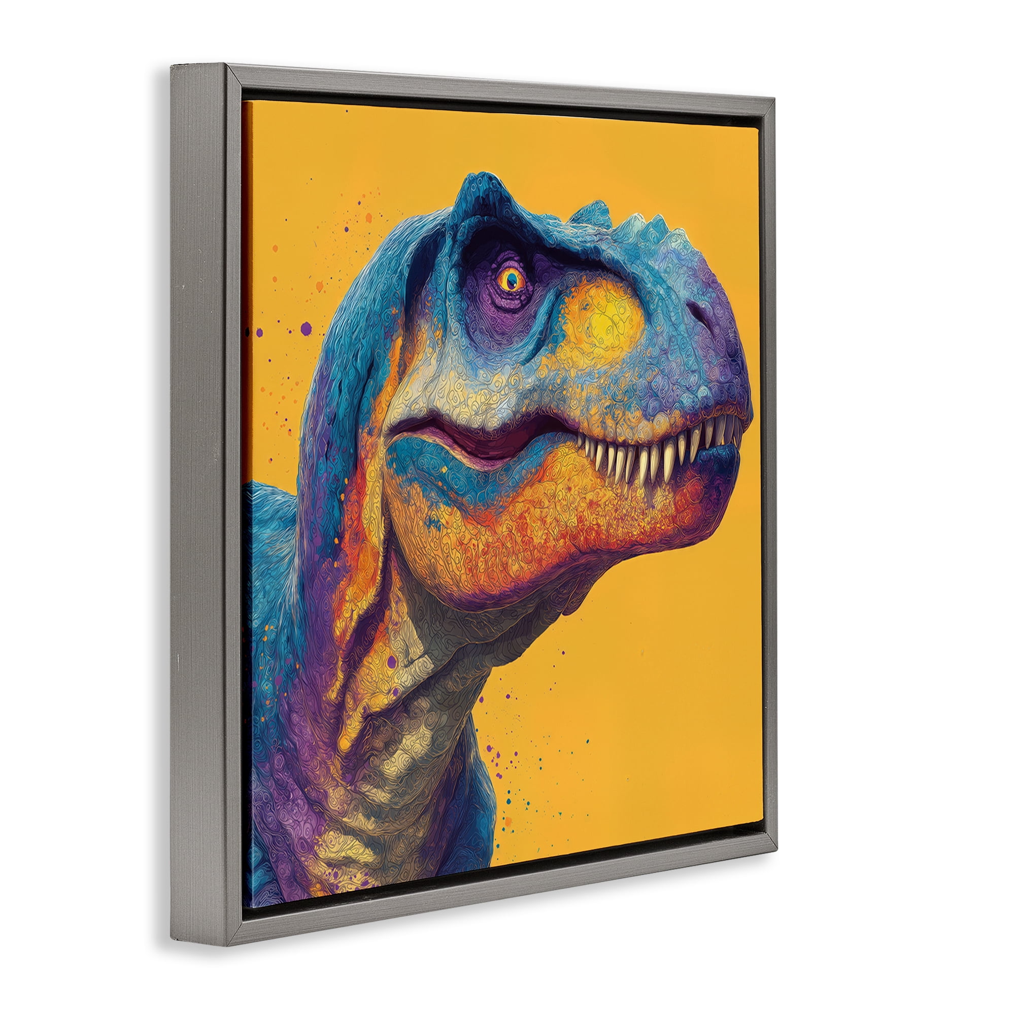 Stupell Industries Vibrant T-Rex Portrait Gray Framed Floater Canvas Wall Art, design by Wumples