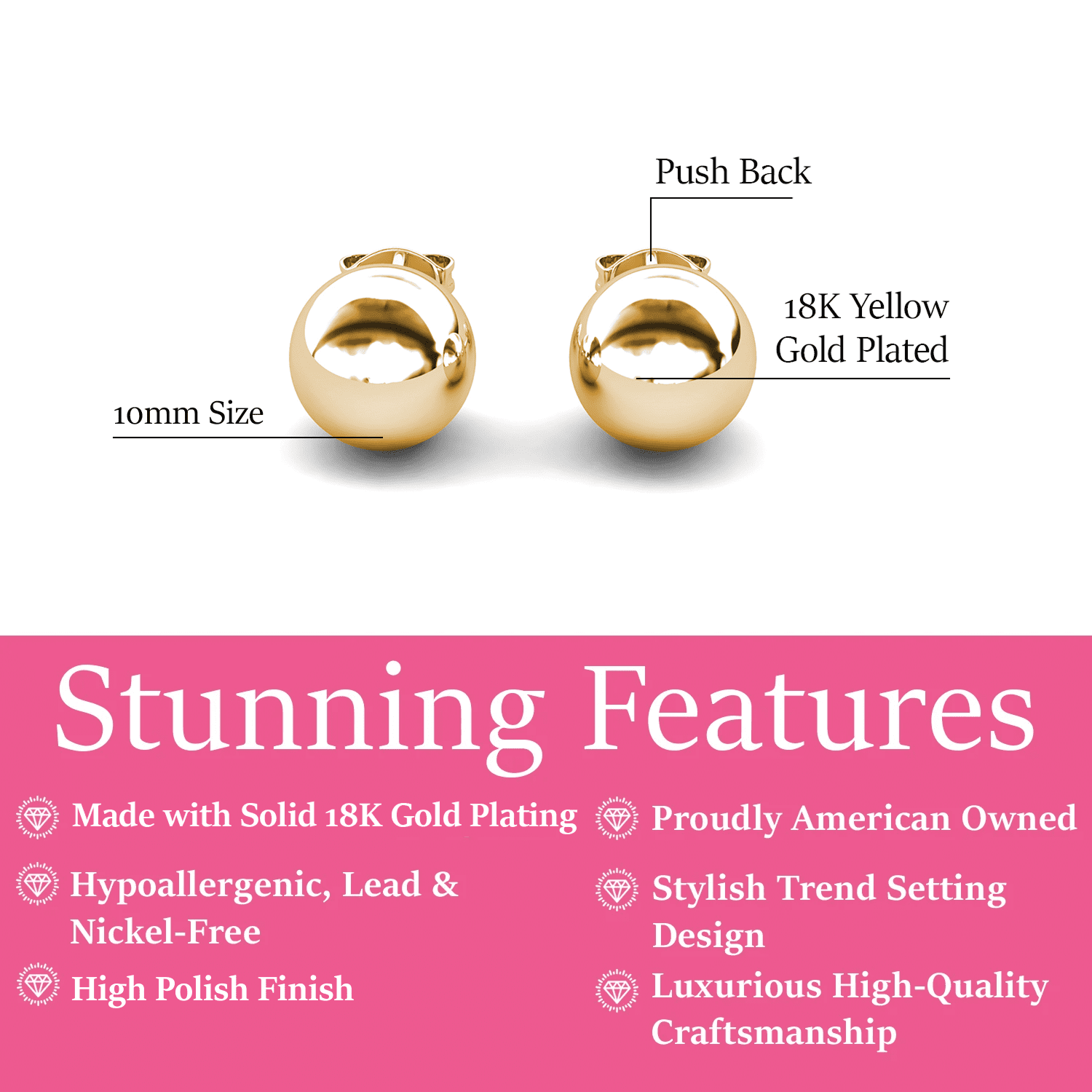 Cate & Chloe Harper Brass Yellow Gold Plated 10mm Round Ball Women's Dainty Stud Earrings