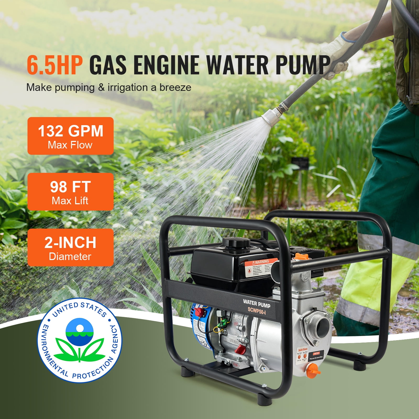 SKYSHALO Gas-Powered Water Pump, 2 in/50 mm, 6.5HP, 132 GPM, 4-Stroke Engine for Efficient Water Transfer, 98 ft Max Lift & 26 ft Suction, Includes Inlet Filter & Durable Cast Iron Impeller for Pool