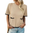 thumbnail image 3 of Color Block Women Short Sleeved Casual Knit Sweater with Pocket, 3 of 6
