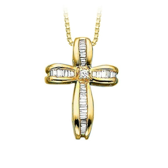 Round and Baguette Cut Diamond Cross Pendant with Chain in 14K Yellow Gold (3/8 cttw)