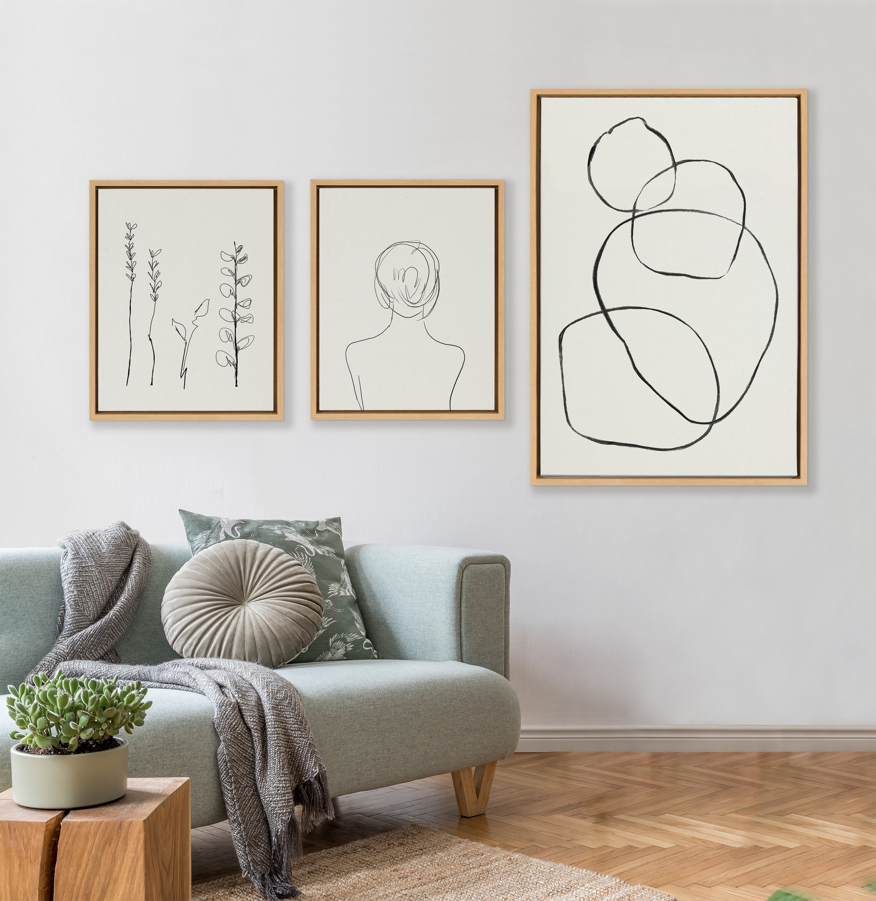 Sylvie Circles, Grow, and Minimalist Woman 23 in x 33 in Framed Painting Canvas Art Prints, by Kate and Laurel Set of 3