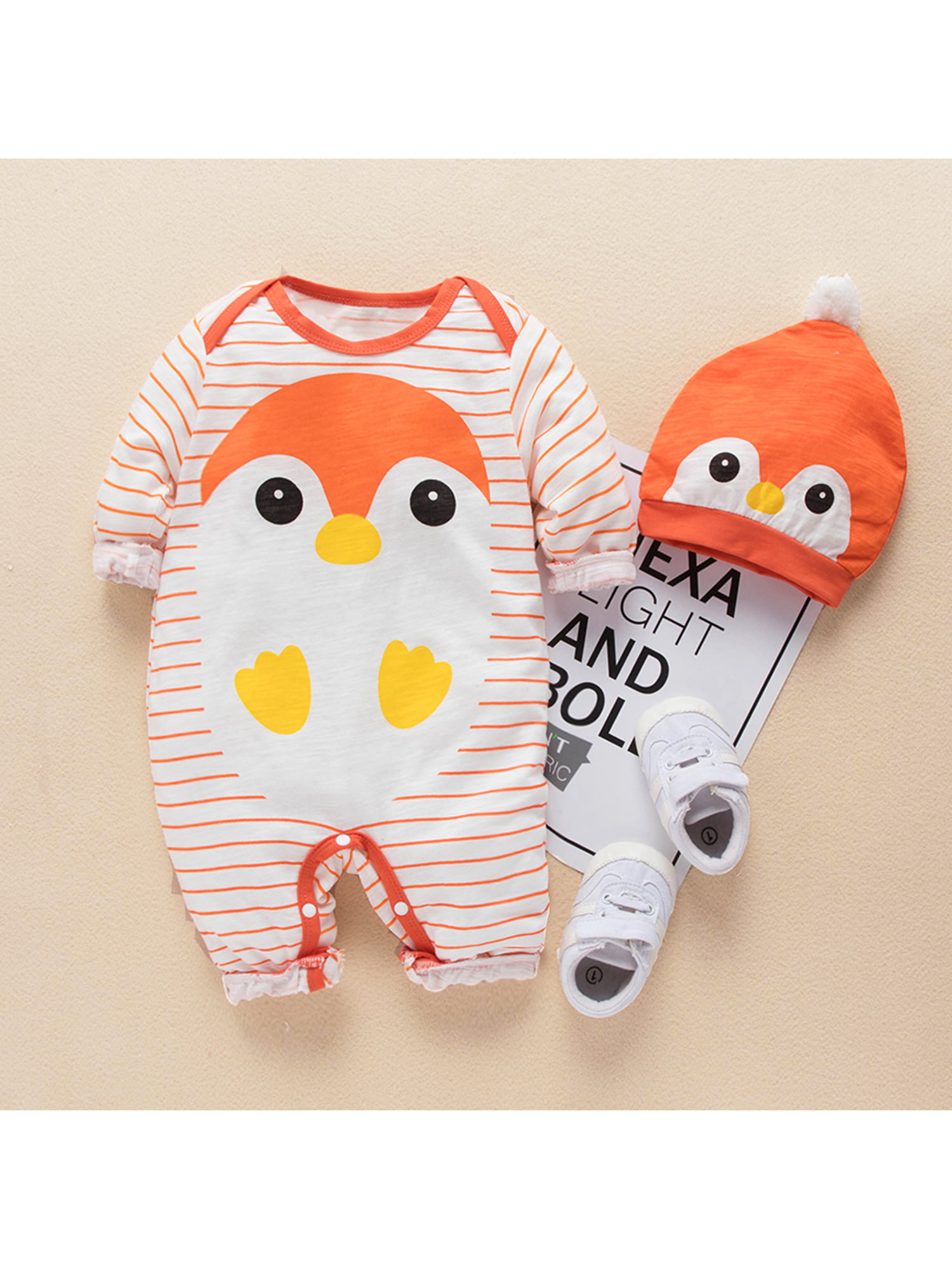 Infant Baby Boys&Girls Long Sleeve Striped Penguin Romper Jumpsuit Clothes+Hat T 