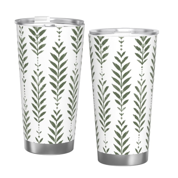 20oz Sage Green Botanical Leaf Insulated Tumbler with Handle and Straw Minimalist Travel Coffee Cup Gift with Single Silver Rim