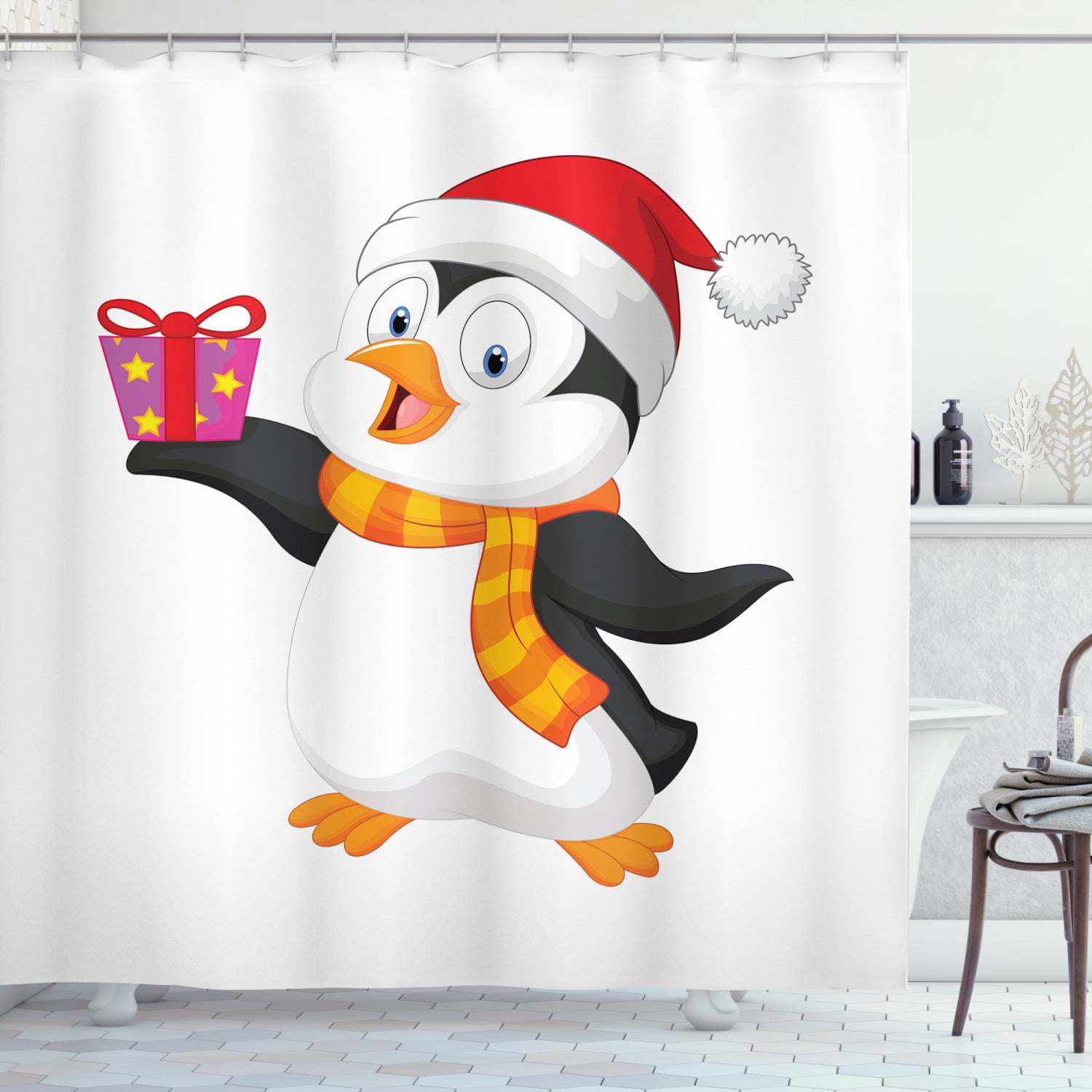 Happy Holidays Cute Penguin with Christmas Hat Shower Curtain Liner Bathroom Mat 