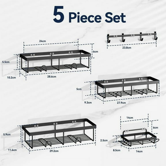 YASONIC Bathroom Storage Organizer  Racks，shower caddy, Towel with Removable Hooks and Soap Holder, Rust Proof Shower Shelves, Wall-Mounted Shower Holder, 2/3/5 Pack, Bright Black Restroom Home Goods