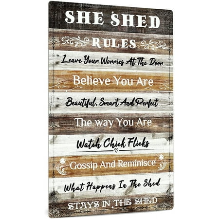 She Shed Decor, Farmhouse Wall Sign for Home, Kitchen, Garden, Women Cave, Gift for Girlfriend, Ladies, 12x8 Inches Aluminum Metal Sign - She Shed Rules