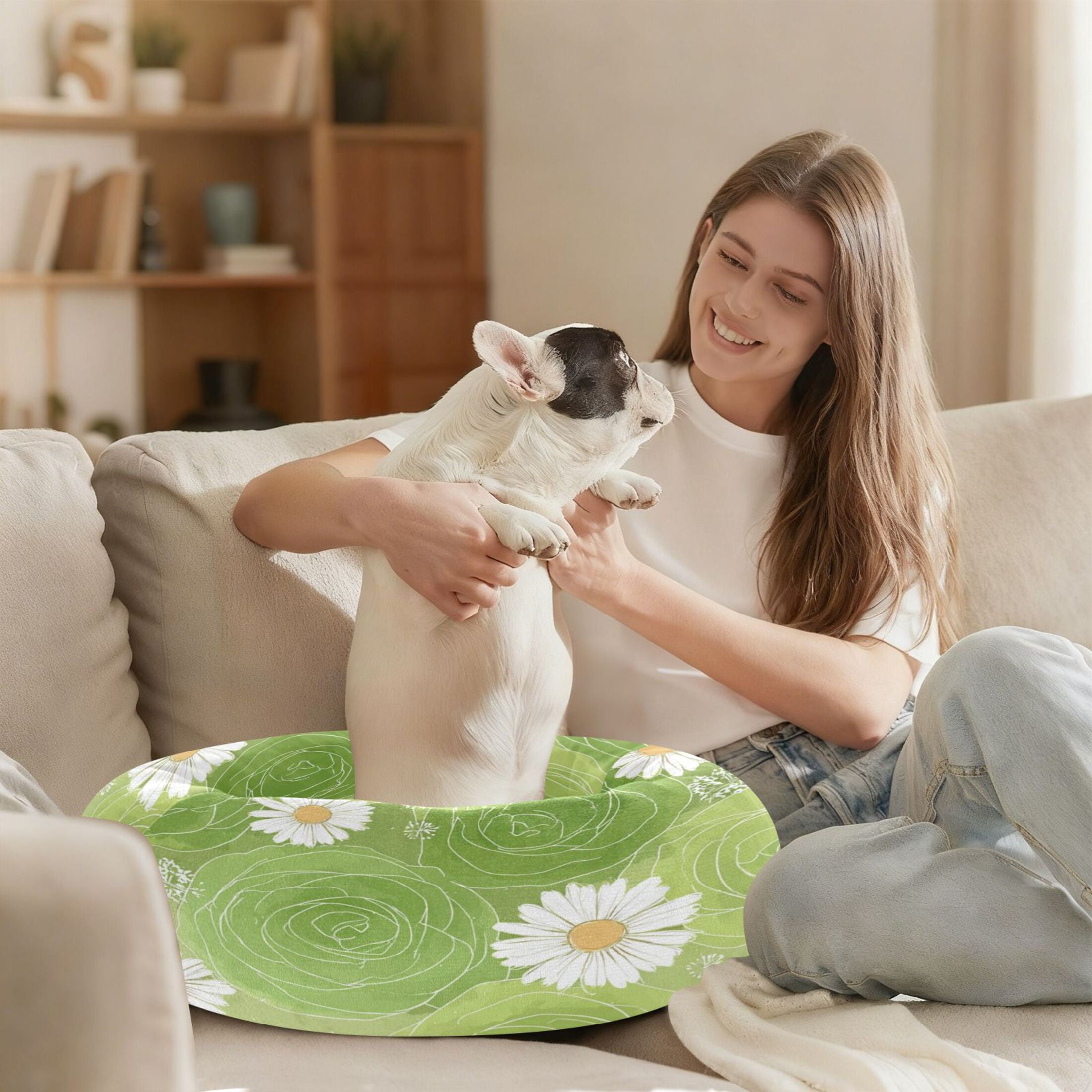 Iauyy Pet Couch Donut Cat Bed for Indoor Cats/Small Dogs Washable & Machine with Non-slip Bottom Calming Cat Furniture, Light Green Color Tone (M)