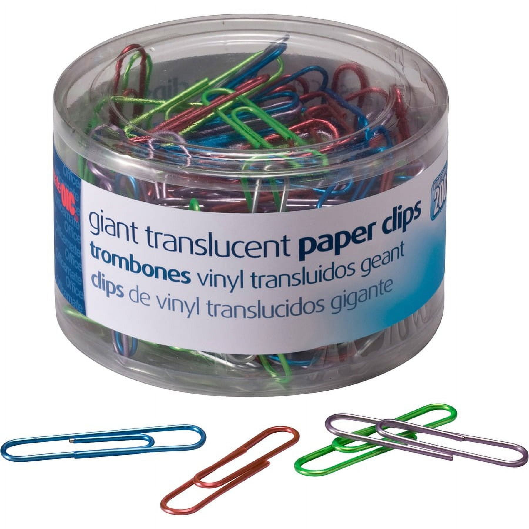 Officemate Translucent Vinyl Paper Clips - Giant - 200 / Pack - Blue, Red, Green, Silver, Purple | Bundle of 2 Packs