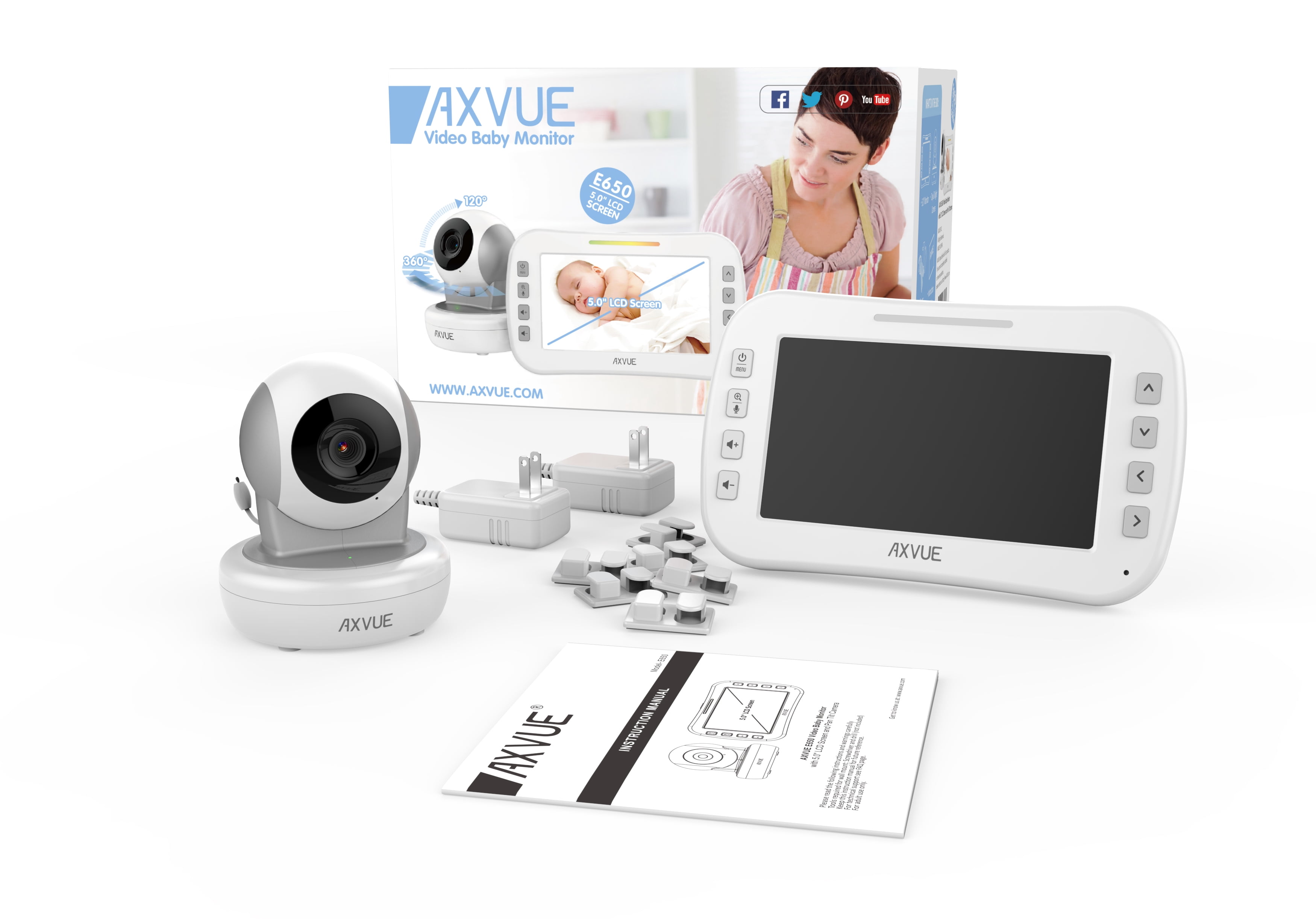 Video Baby Monitor with Remote-Controlled Camera and Wide Screen by Axvue, White & Grey, Model E650