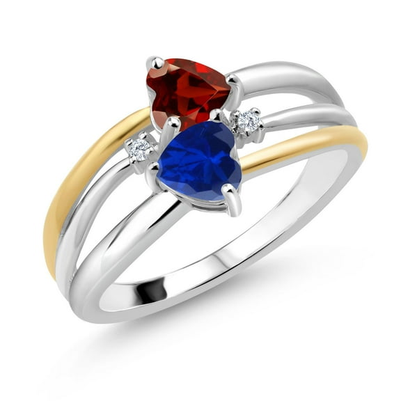 Gem Stone King 925 Silver and 10K Yellow Gold Red Garnet and Blue Created Sapphire and White Lab Grown Diamond Band Ring for Women (1.12 Cttw, Gemstone January Birthstone, Heart Shape 5MM, Size 6)