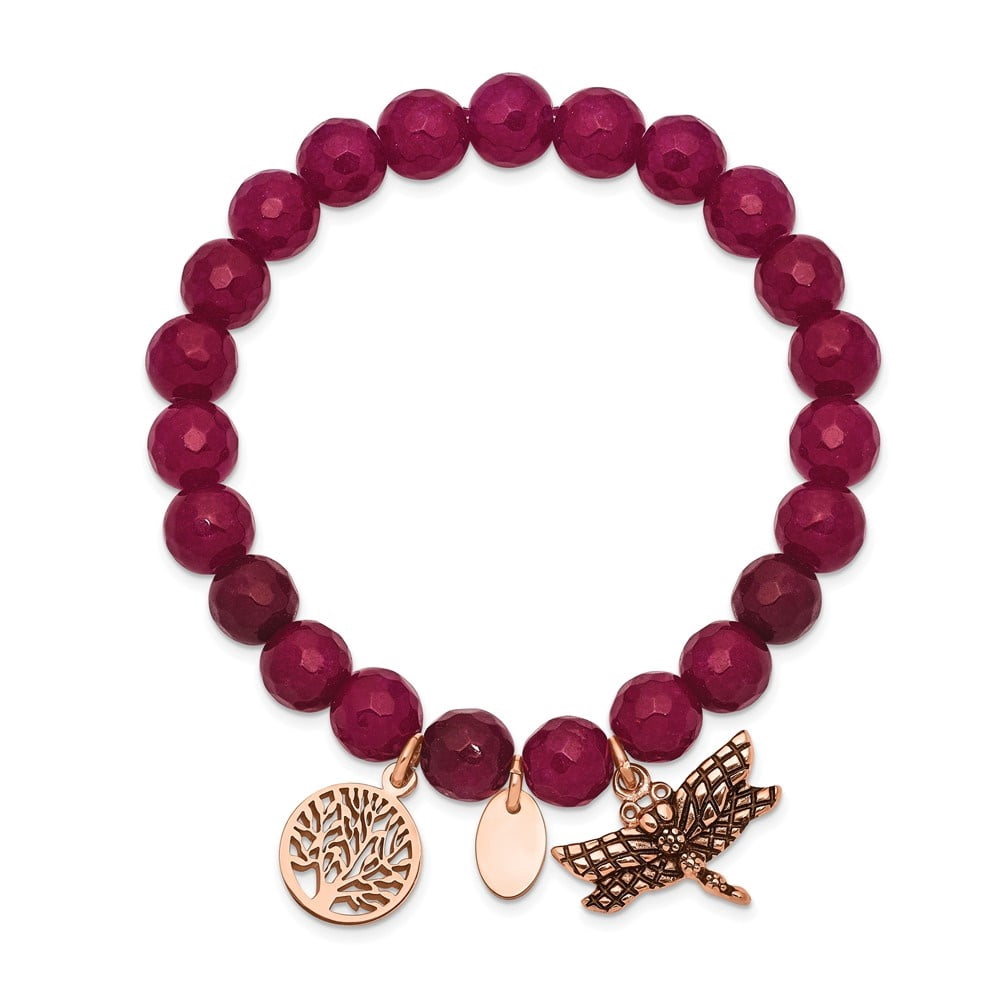 Diamond2Deal Stainless Steel Rose IP-Plated Dragonfly and Tree of Life Pink Dyed Jade Beaded Stretch Bracelet for Women 6.25"