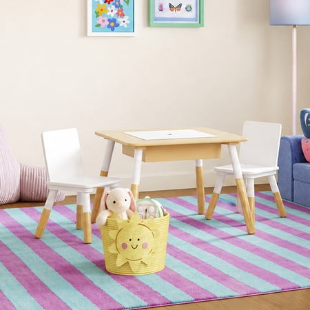 Mainstays Kids 3-Piece 2-in-1 Dry Erase and Chalkboard Activity Table and Chair Set with Storage for Sensory & Creative Play, White