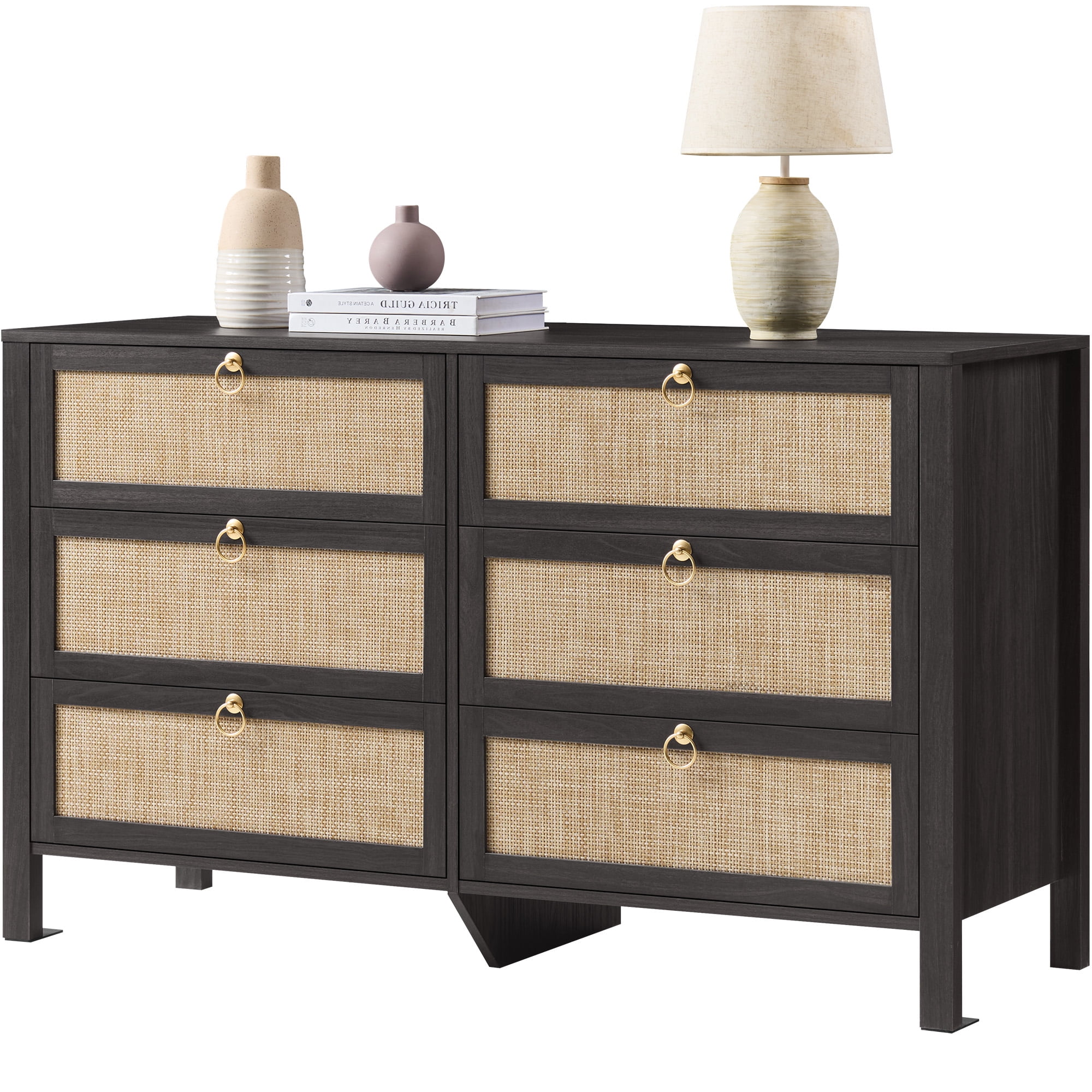 SICOTAS 51.14" Wide 6-Drawer Rattan Dresser, Large Boho Chest of Drawers with gold handle for Bedroom, Coastal Bedroom Furniture Set in Blacklack Oak