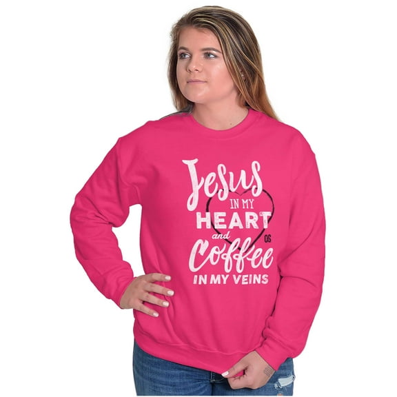 Jesus in Heart and Coffee in Veins Women Crewneck Sweatshirt Brisco Brands S