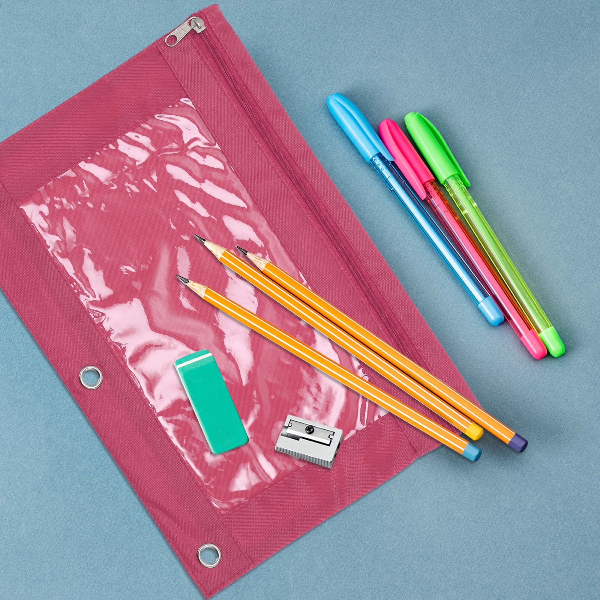 Unique Bargains Pencil Case for 3 Ring Binder, Double Layer, Smooth Zipper Pink