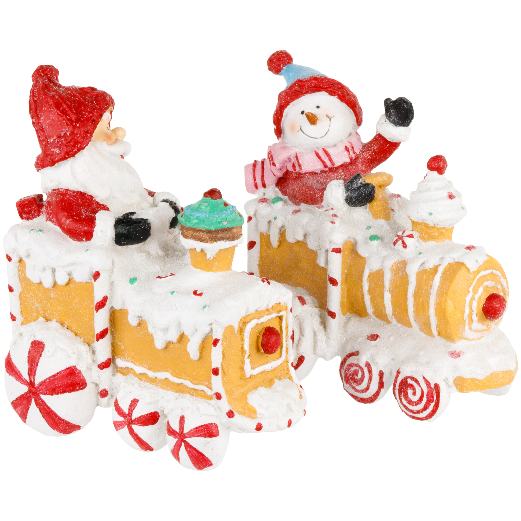 Set of 2 Santa and Snowman on Gingerbread Trains Christmas Figures - 6.75"