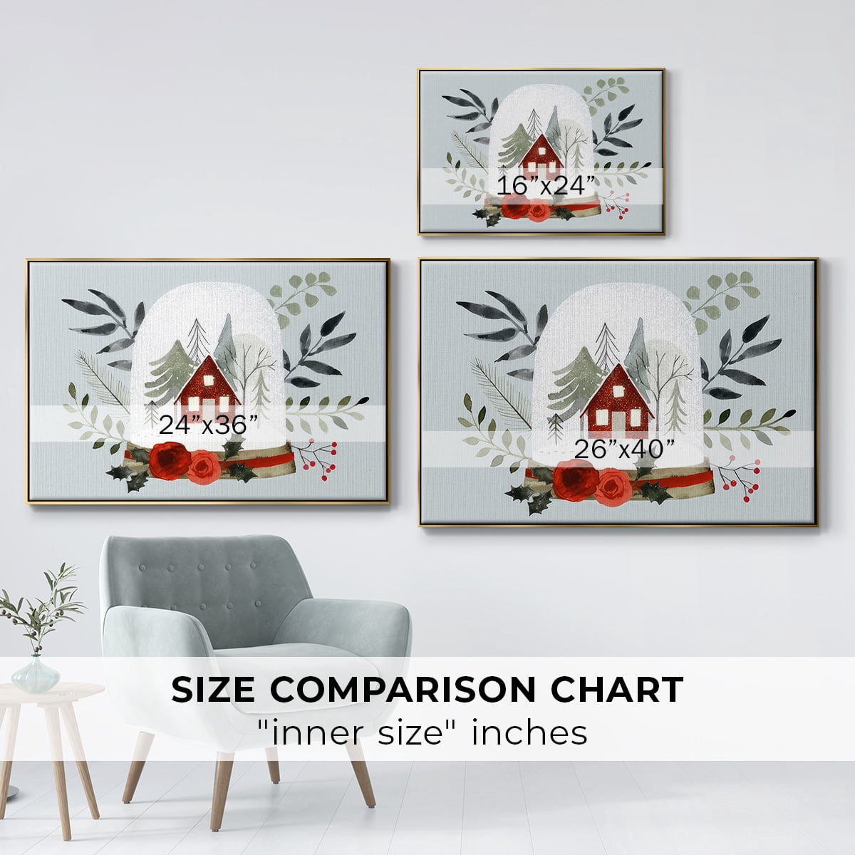 Snow Globe Village Collection A - Framed Gallery Wrapped Holiday Canvas - 17 x 25 - Gold Frame