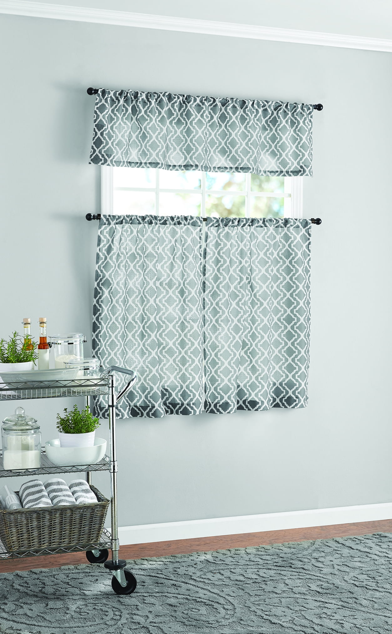 Mainstays Lattice Print Curtain Tier Pair and Valance Set, 3-Piece, Gray, 56" W x 36" L