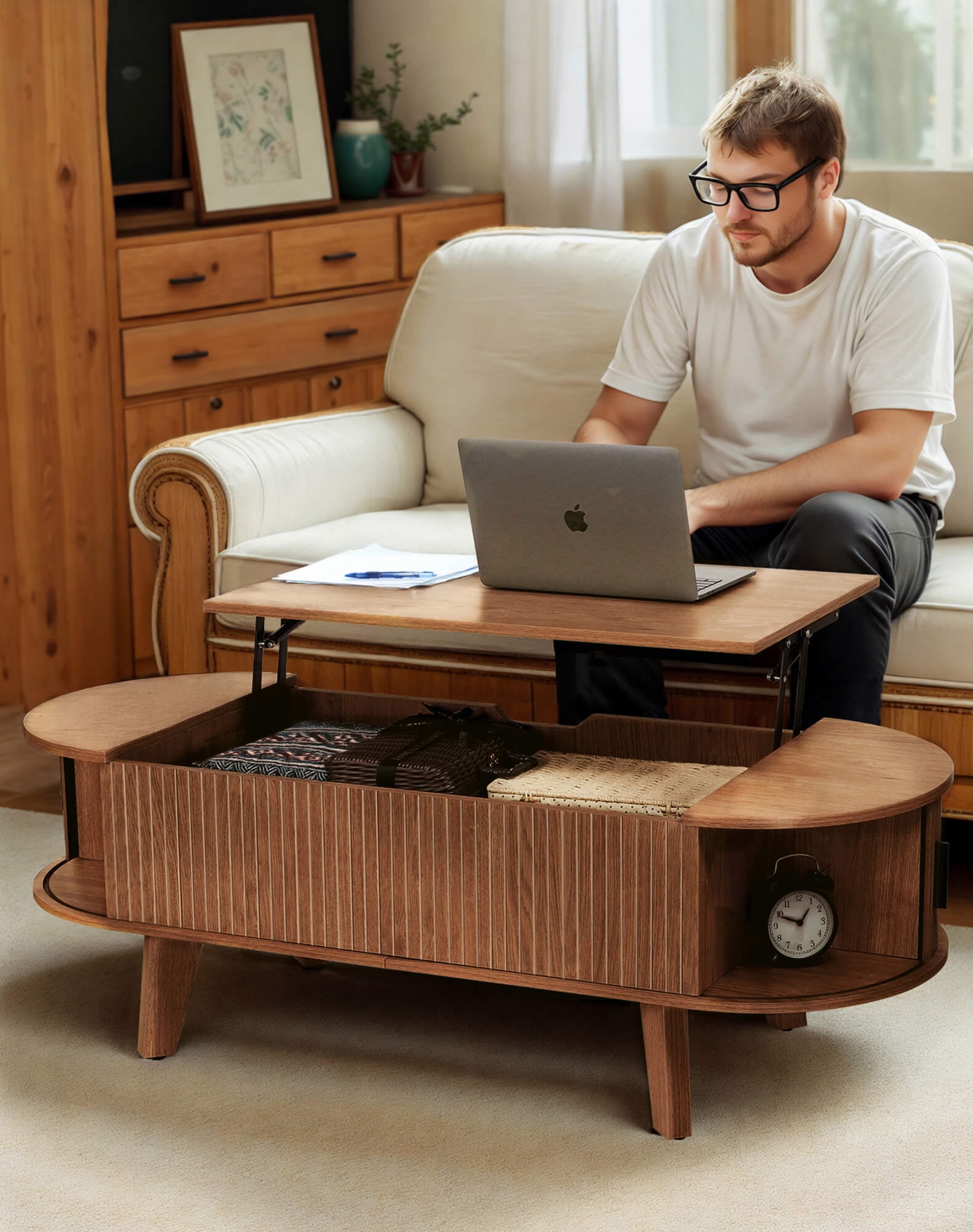 Putuo Decor 47.2" Oval Lift-Top Coffee Table with Storage, Fluted Tambour Door, Walnut