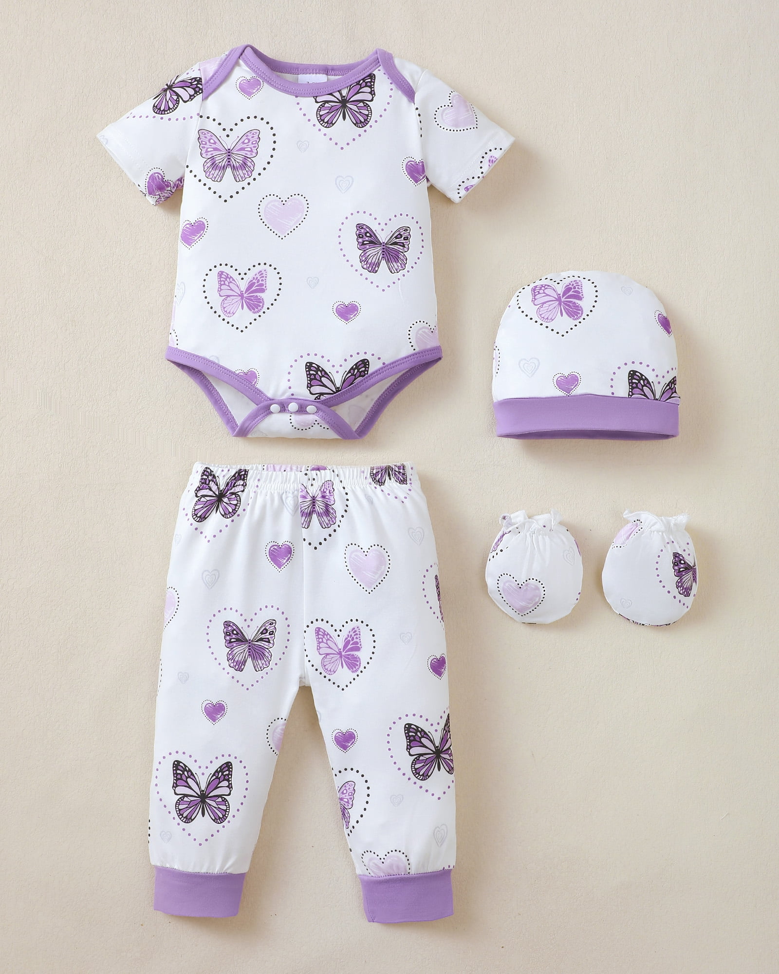 Kimi Bear Newborn Baby Girls Layette Essentials Set 3-6 Months Summer Clothes 4 Packs Short Sleeves Romper Tops Pants Sets with Hats and Gloves 16pcs Girl Gifts Purple