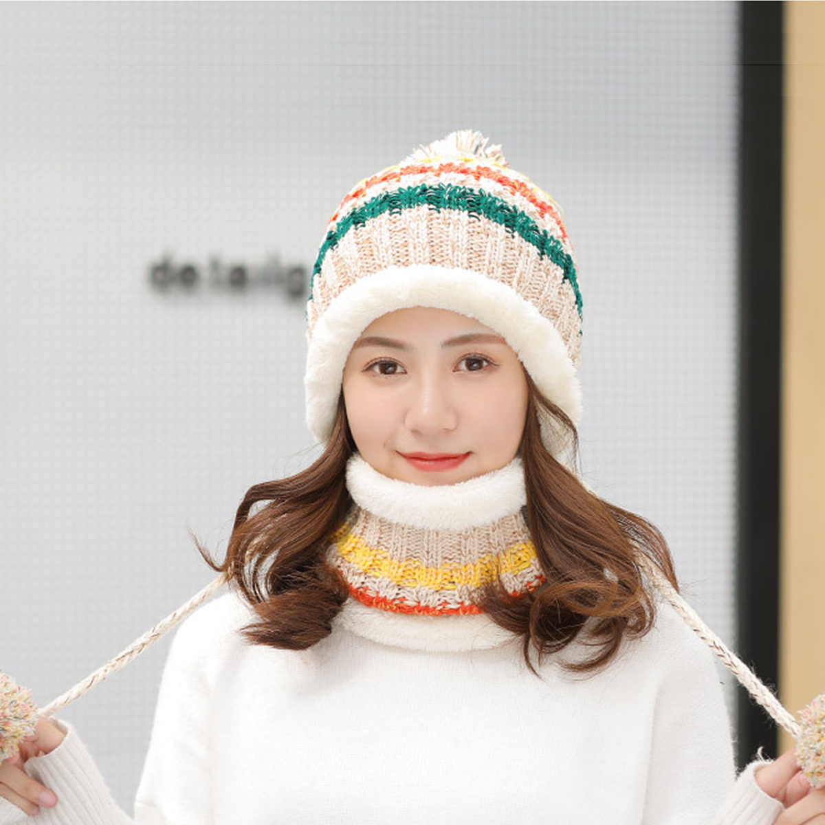 طقم قبعة شتوية ووشاح مع أغطية للأذنين - مبطن بالفرو، وواقي للوجه، ومبطن بفرو الشيربا للمشي لمسافات طويلة والأنشطة الخارجية