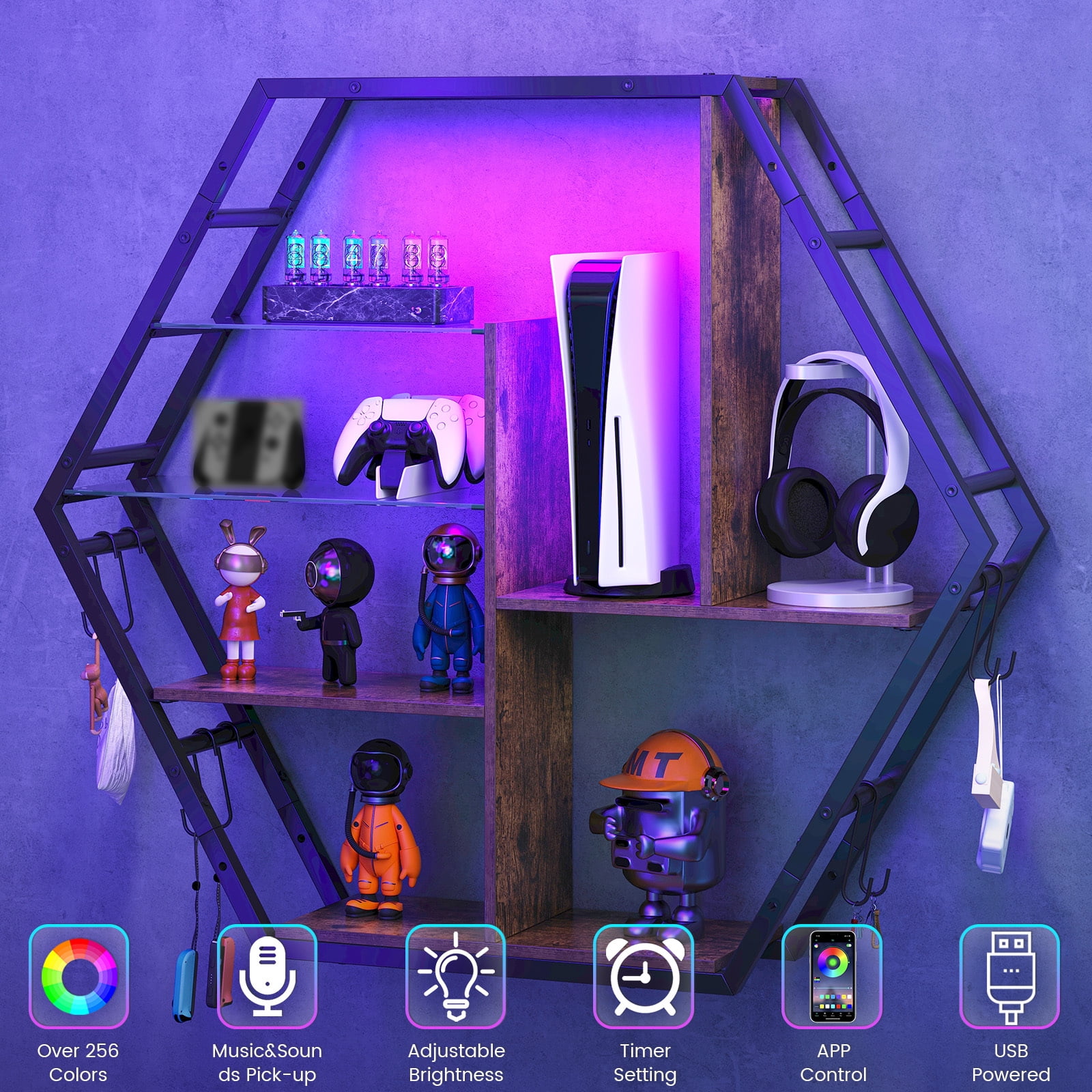 Spacesea Floating Shelves with Lights, Led Shelves for Wall, Gaming Room Decor Display Shelf, Lighted Bar Shelves, Extra Hanging Hooks Storage