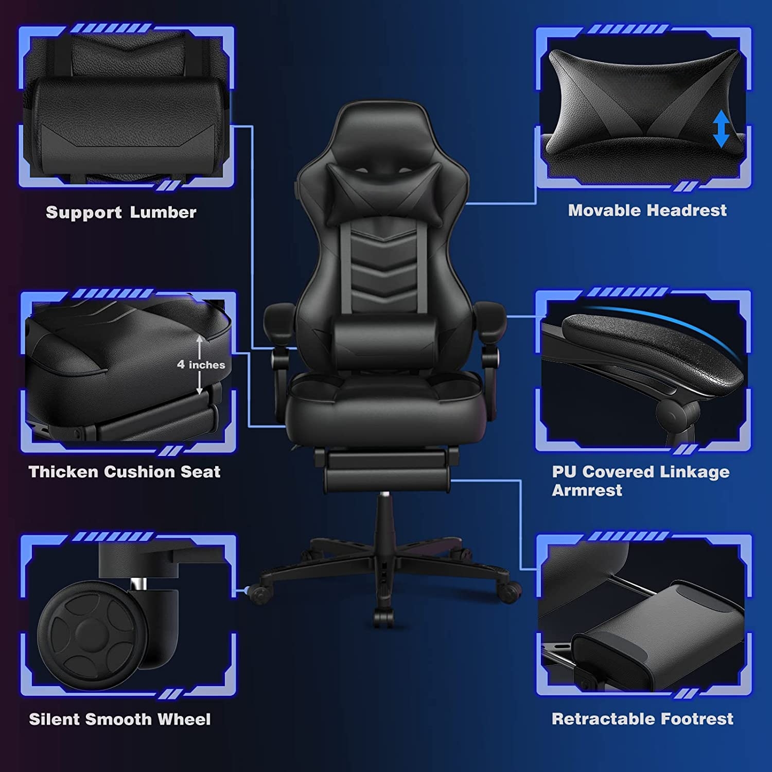 PULUOMIS Gaming Chair with Footrest Ergonomic Office Chair with Arms for Adults Kids, Black