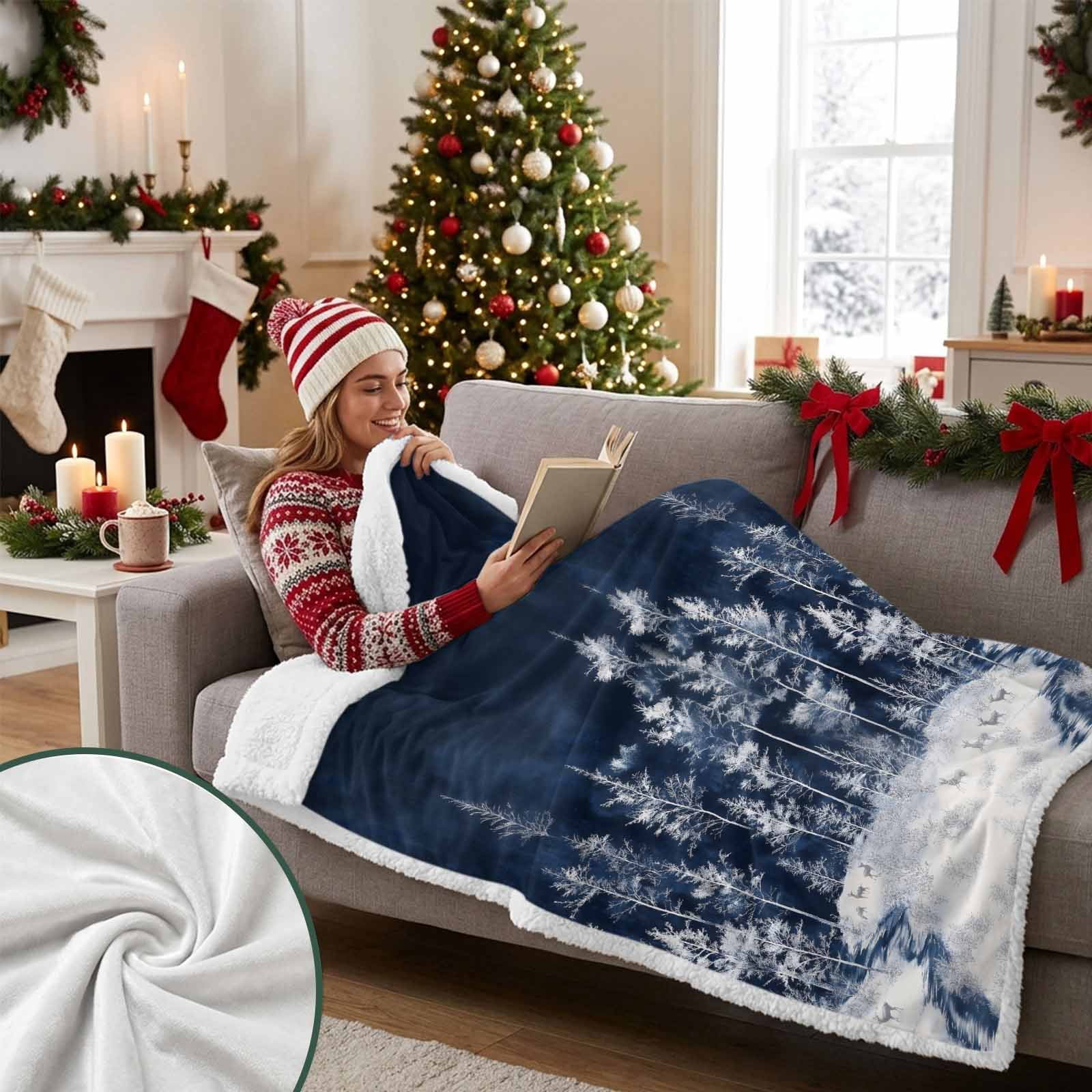 Sherpa Blankets Fleece Throw Blanket Reversible Soft Cozy Bed Blankets Winter Forest Elk Pine Trees,Flannel Sofa Throws,Snowfield Reindeer Trees Fuzzy Warm Blankets for Couch,50x60in