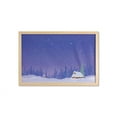 thumbnail image 1 of Log Cabin Wall Art with Frame, Winter Cartoon Illustration of Wooden Houses in a Snowy Night Print, Printed Fabric Poster for Bathroom Living Room, 35" x 23", Violet and Pastel Purple, by Ambesonne, 1 of 2