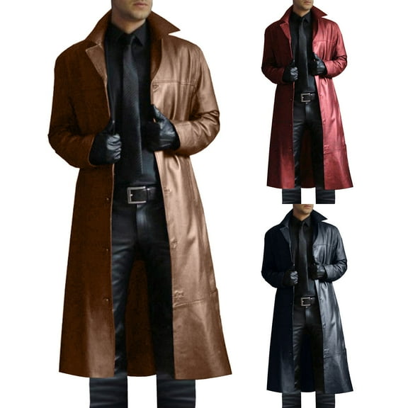 Hinvhai Mens Retro Leather Vintage Long Coat Trench Steampunk Gothic Jacket Overcoat Fashion Leather Gothic Red 8(XL)