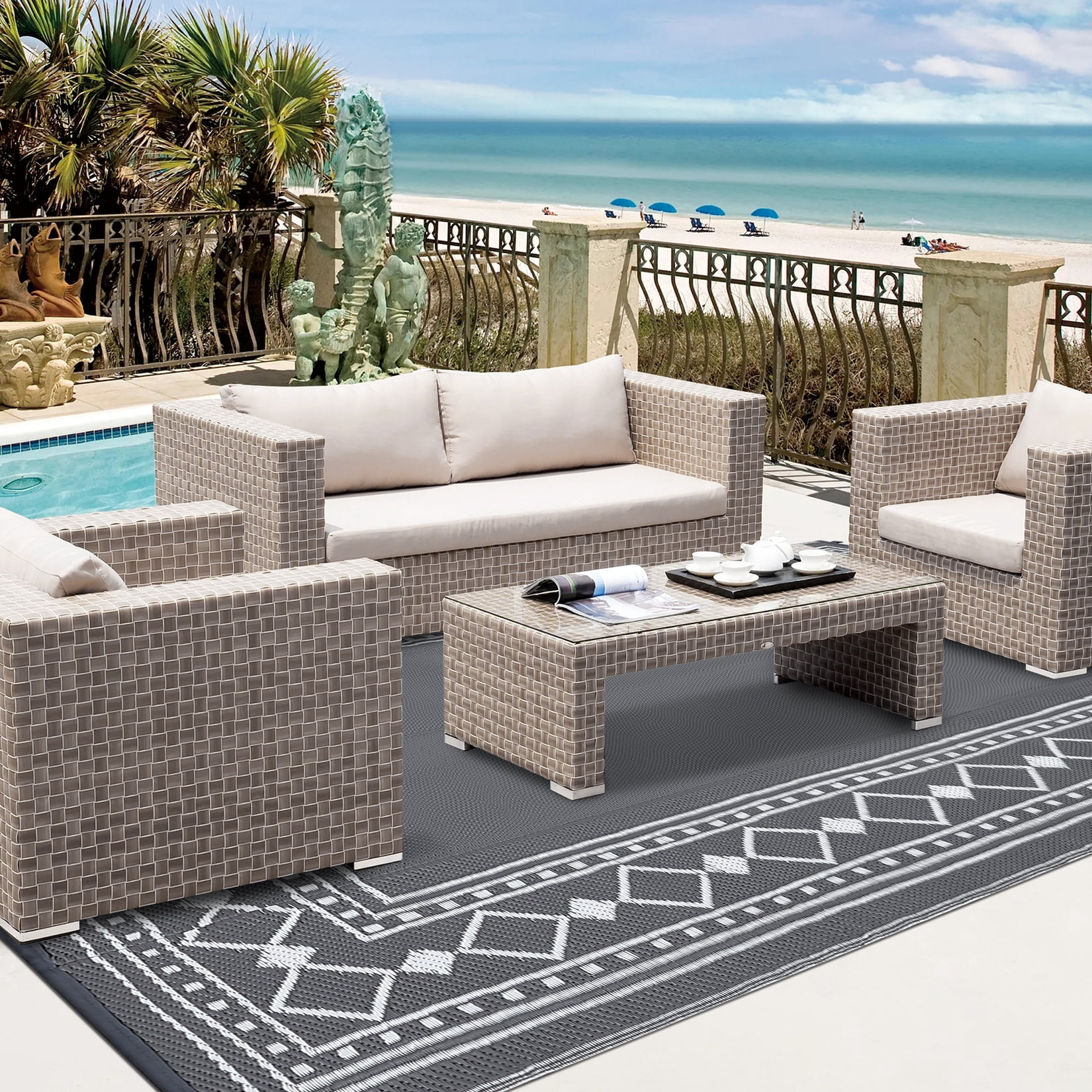 GlowSol 9'x12' Outdoor Rug Modern Bordered Plastic Straw Rug Waterproof Reversible Mat Outdoor Foldable Rug for Camping Patio Picnic, Gray White