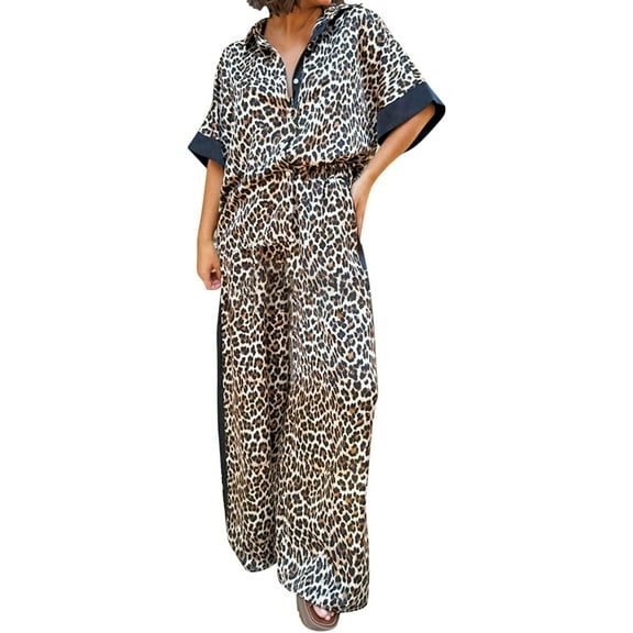 HSHMT Women's 2025 Fall Two Piece Women's Leopard Print Color Block Short Sleeved Loose Shirt And Elastic Waist Pocket Pants Set