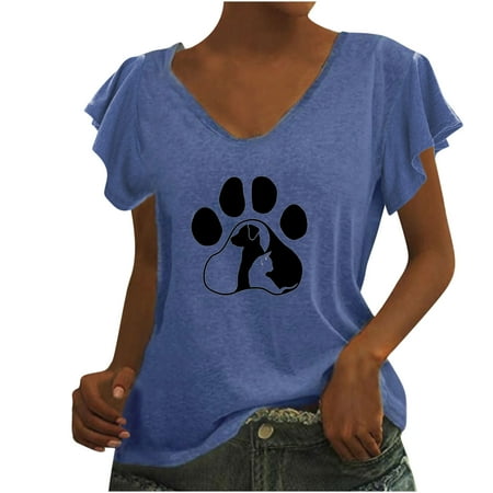 

Juebong I Have A Dog Women Ruffles Cap Sleeve Shirts Comfy V Neck Basic Tops Dog Lover Flowy Blouse Funny Printed Ruffled Short Sleeve Solid Tunic T Shirts