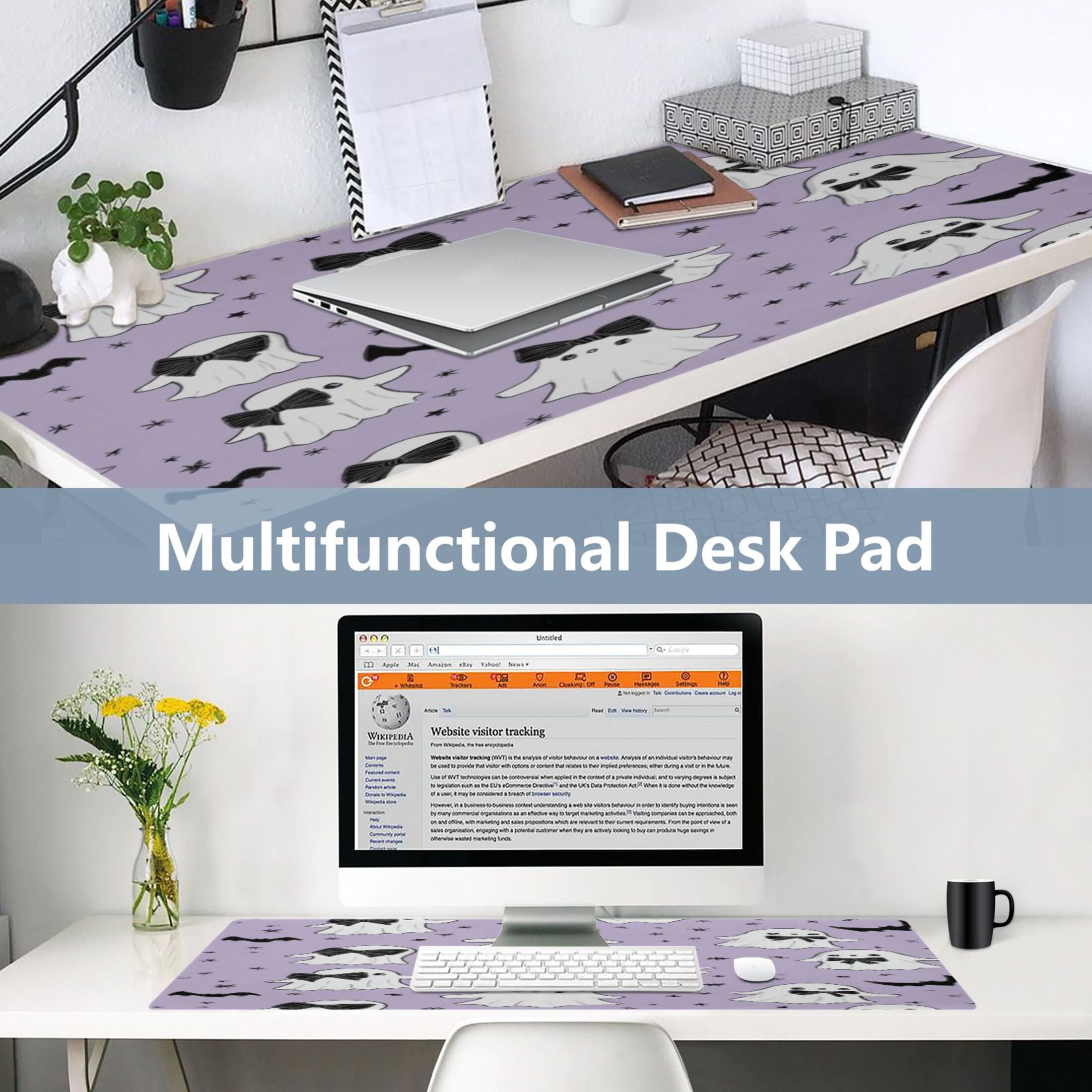 Leather Keyboard and Mouse Desk Mat Office Desk Accessories Protective Office Desk Decor Desk Pad Mat for Gaming, Work from Home, Office Ghost with A Bow Tie 23.6" x 47.2"