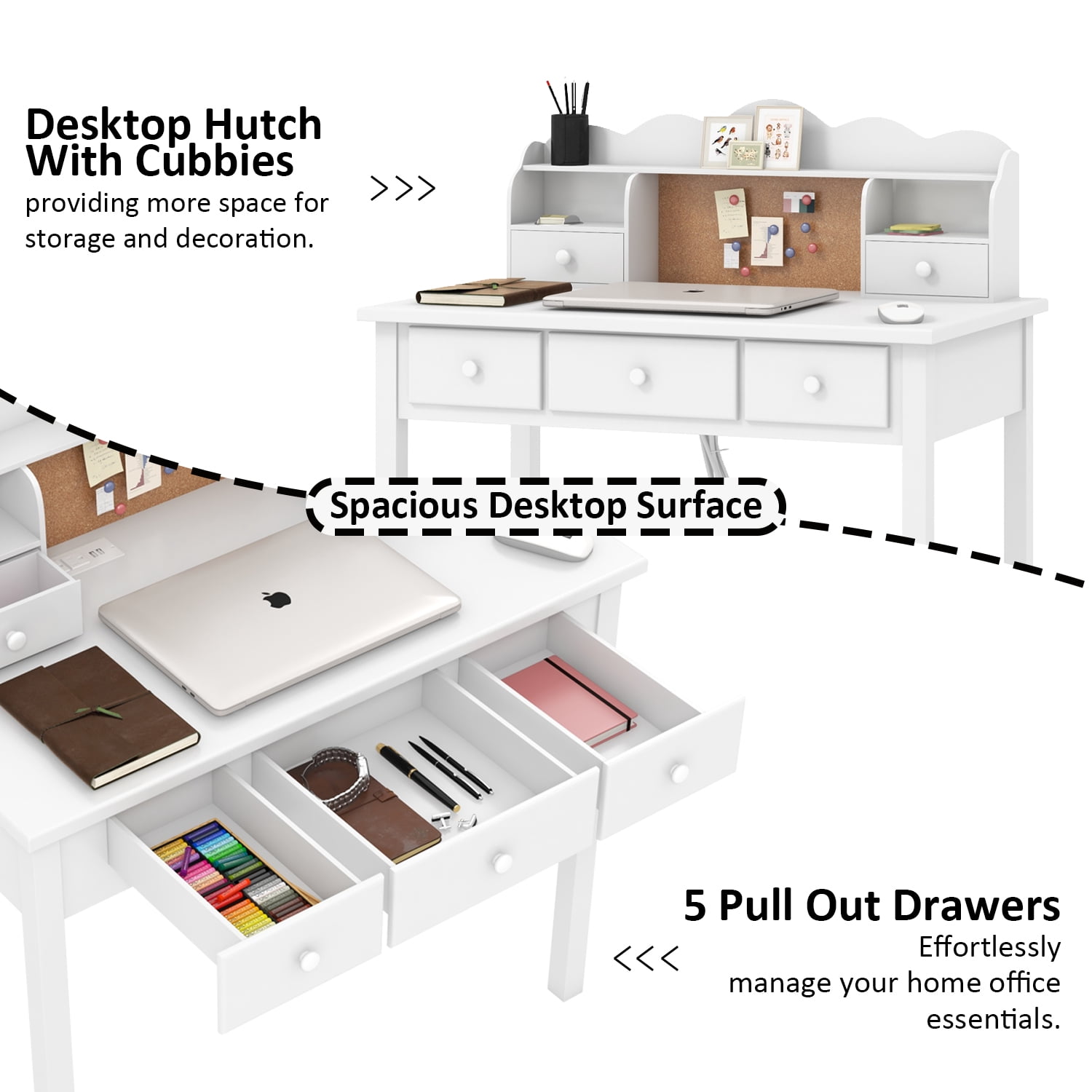 LAZZO 36" Writing Desk with Detachable Hutch & Drawers, Home Office Study Desk, White