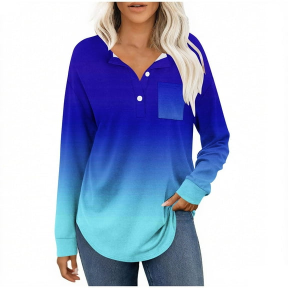 Enjoytime Long Sleeve Shirts for Women Printing V-Neck Button Down Blouse Fashion Business Casual Work Tops Trendy Clothes 2025 Blue L