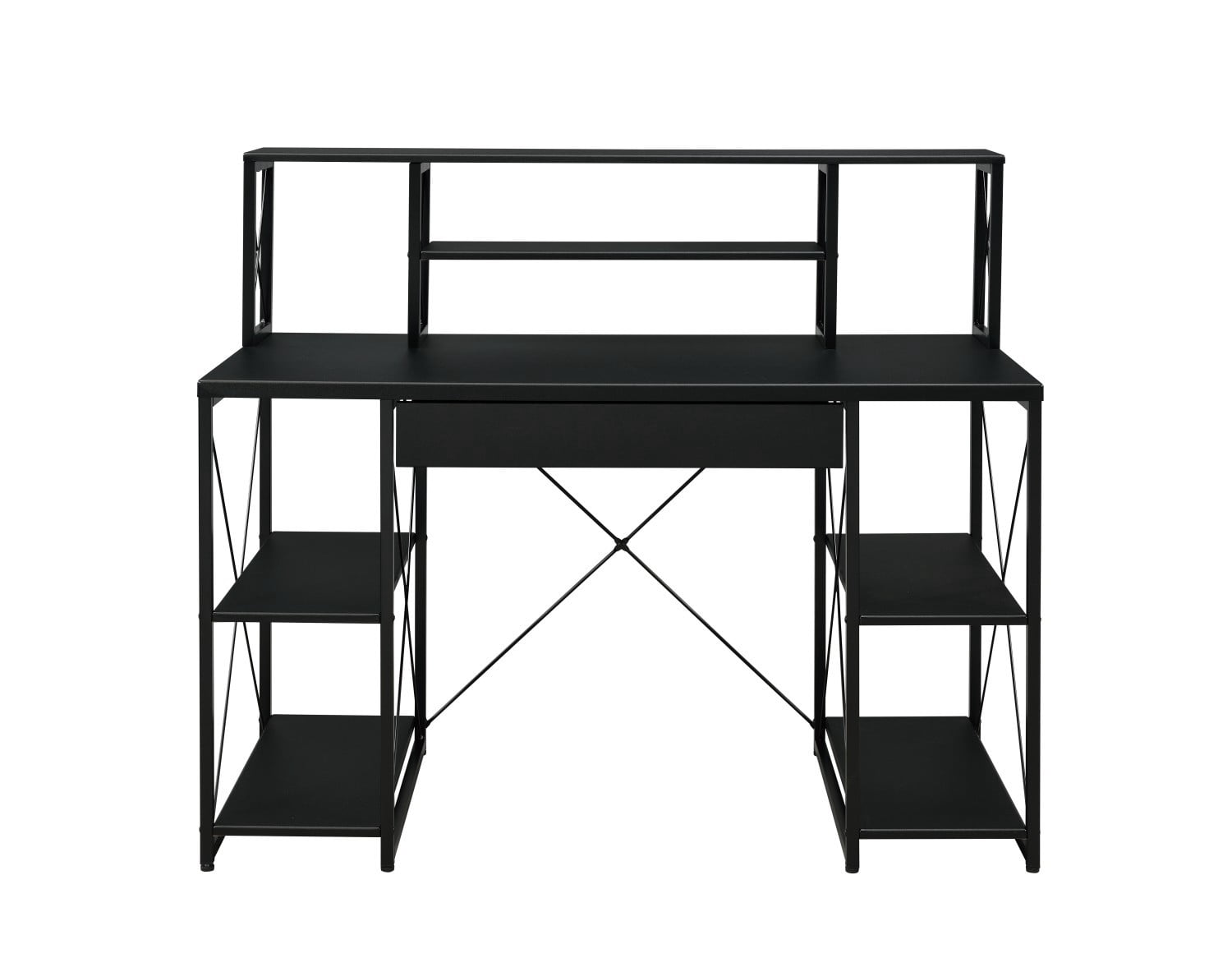 Modern Black Writing Desk with Storage Shelves, Computer Desk with Drawer & Metal Frame for Home Office Studio Gaming Setup