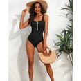 thumbnail image 4 of Beautyin Womens Solid Ribbed One Piece Swimsuit Front Zipper Racerback Bathing Suit U Neck Athletic Swimwear, 4 of 7