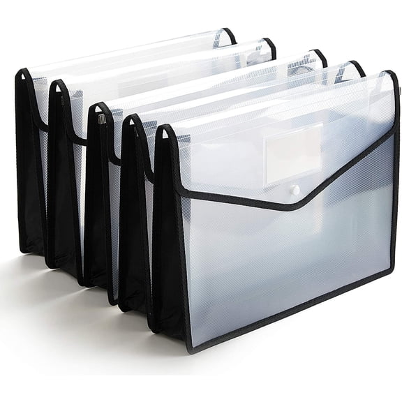 Plastic file folder polyethylene envelope expandable file bag with snap seal, legal size, 5-piece large waterproof accordion file bag (transparent and black)