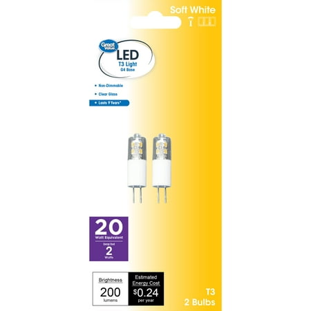 

Great Value LED Light Bulb 2 Watts (20W Eqv.) T3 Lamp G4 Base Non-dimmable Soft White 2-Pack