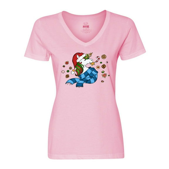 Inktastic Cute Christmas Unicorn with Cookies Women's V-Neck T-Shirt