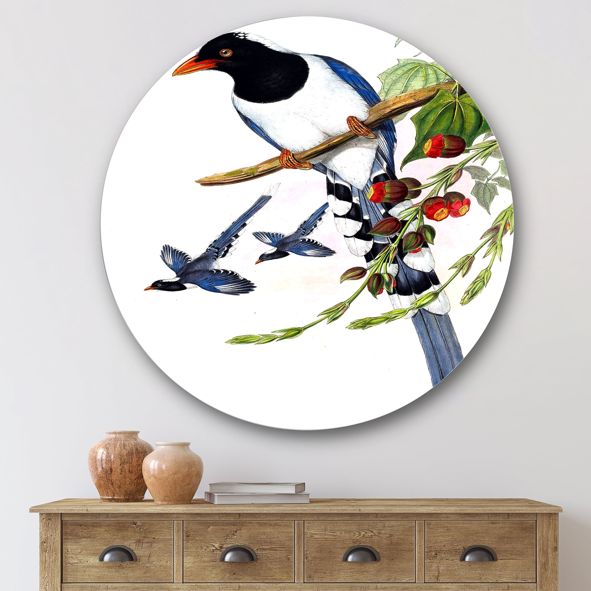 Designart 'Vintage Countryside Birds On Branch IV' Farmhouse Circle Metal Wall Art 29x29 - Disc of 29