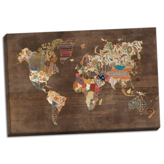 Gango Home Decor Cottage Pattern World Map on Wood by Laura Marshall (Ready to Hang); One 18x12in Hand-Stretched Canvas